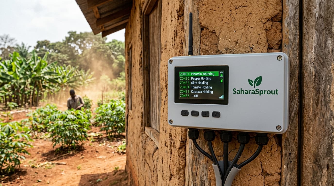 SaharaSprout irrigation controller mounted on the farmhouse wall with active zone status display and solar wiring.