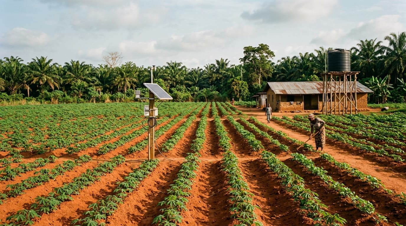 Working agricultural farm with sensor nodes, water storage, and crop rows under open sky.