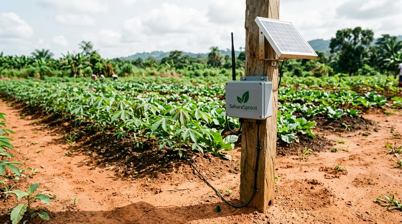 SaharaSprout sensor node and small solar panel mounted on a post at the edge of a planted crop row.